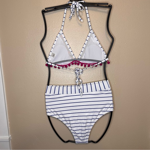 ADORABLE Striped High Waist Bikini with Pom Pom Trim Size Medium - Picture 4 of 7